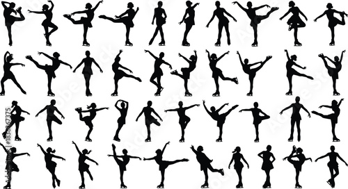 Silhouettes of figure skaters performing elegant ice skating poses, artistic movement illustration collection set for sports design, dance performance, winter concepts