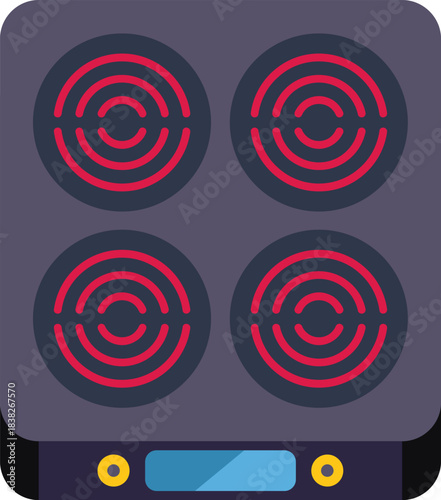 Sleek and modern kitchen stove with four circular burners glowing red, indicating active heating