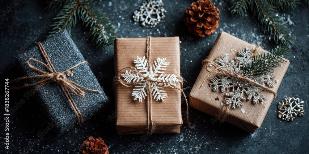 Fototapeta premium Christmas Gift Boxes with Decorated Snowflakes and Pine Elements