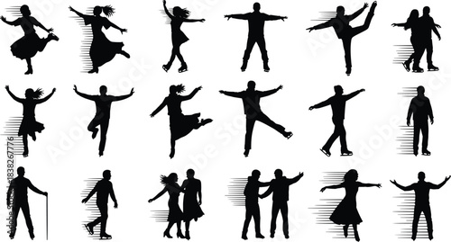 Silhouettes of ice skaters and dancers with motion effects, dynamic movement illustration collection set for sports design, performance art, winter concepts