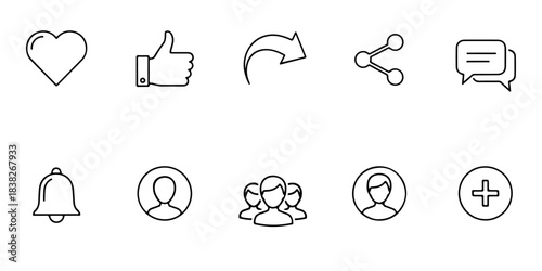 Social media icons for sharing content and engaging with users, including likes, comments, and followers