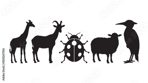 Collection of diverse animal silhouettes including a giraffe goat ladybug sheep and bird presented in a simple flat vector style for graphic design