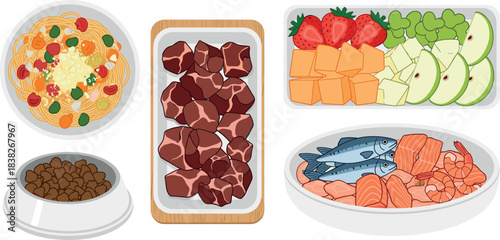 Pet food meal illustration set featuring fresh meat cuts, fish fillets, fruit trays, kibble bowl, and assorted nutrition recipes for animals