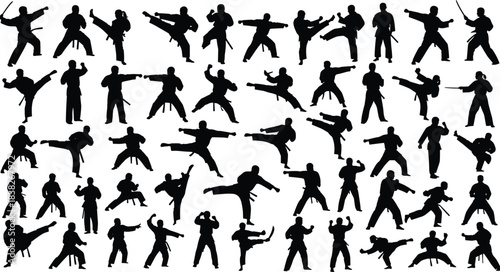Silhouettes of martial artists performing kicks, punches, and combat stances, dynamic karate movement illustration collection set for training, self-defense concepts