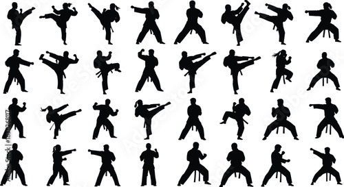 Silhouettes of martial artists performing kicks, punches, and combat stances, karate movement illustration collection set for training, self-defense, sports concepts