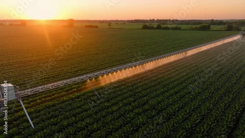 A vast agricultural field being irrigated under the warm glow of the setting sun Stock Video