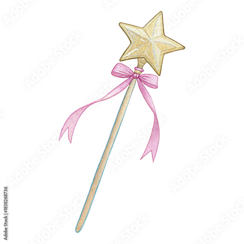 Tableau sur toile Watercolor magical star wand clipart with pink ribbon for fairytale designs