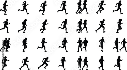 Silhouettes of people running in various poses, joggers and athletes illustration collection set for fitness design, sports movement, active lifestyle concepts