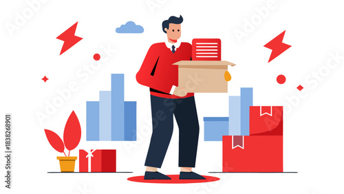 Delivery man holding cardboard box with documents, surrounded by cityscape and gifts