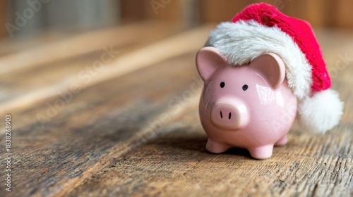 Wallpaper Mural Piggy bank with a Santa hat placed on a wooden surface during the holiday season Torontodigital.ca
