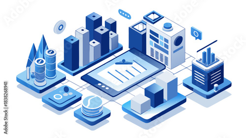Business analytics and data visualization on a tablet with 3D infographic elements