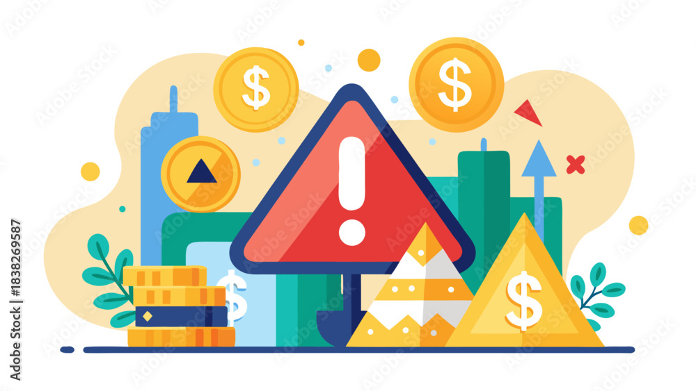 Naklejka premium Financial warning sign with money and cityscape