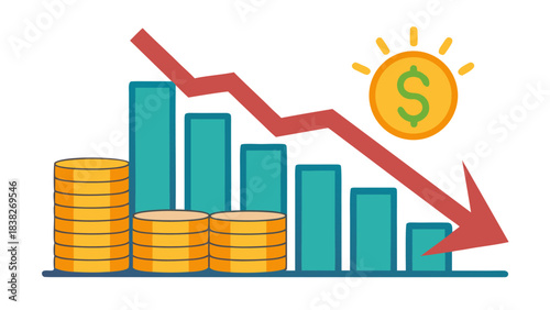 Declining financial graph with coins and dollar sign