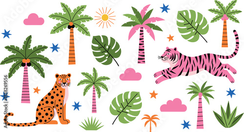 A fun, stylized tropical set of jungle animals including a leaping pink tiger and a leopard, surrounded by colorful palm trees and lush foliage