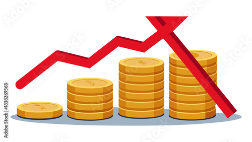 Financial crisis concept with decreasing graph and stacked coins