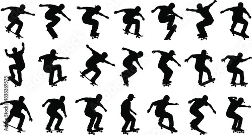 Silhouettes of skateboarders performing tricks, dynamic skating action poses collection illustration set for extreme sports design, urban movement, stunt concepts