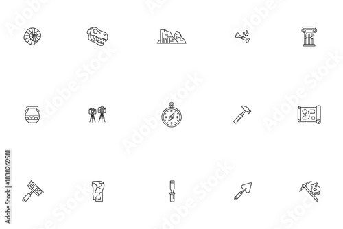 Archaeology and Paleontology Line Icons Set. Vector illustration of Excavation, Fossils, Ancient Ruins, and Tools