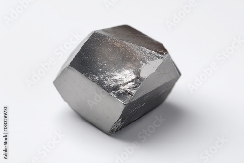 Studio shot of a small indium fragment on white background, showcasing metallic luster and precise facets for lab imagery