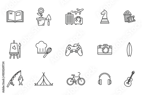 Hobbies and leisure activities line icon set. Vector collection of lifestyle, interest, and pastime symbols including travel, art, and music