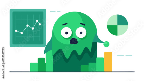 Cartoon green monster with shocked expression surrounded by business charts and graphs