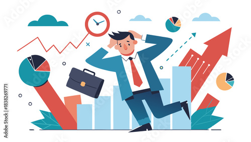 Stressed businessman with graphs and charts, representing business overwhelm