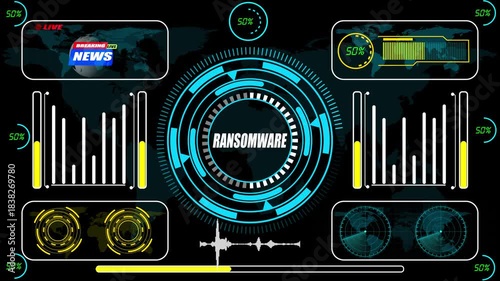 Cybersecurity ransomware dashboard with threat detection analytics, malware activity monitoring, and high-tech defensive visualization elements