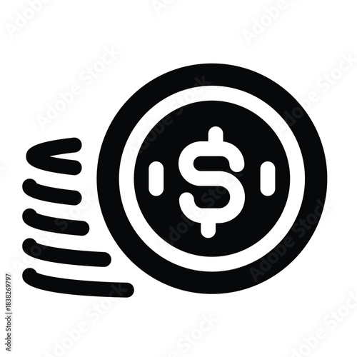Solid coin icon for currency, metal money, cash, and value.
