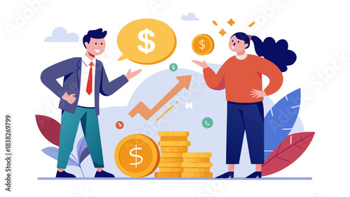 Business people discussing financial growth with money and charts