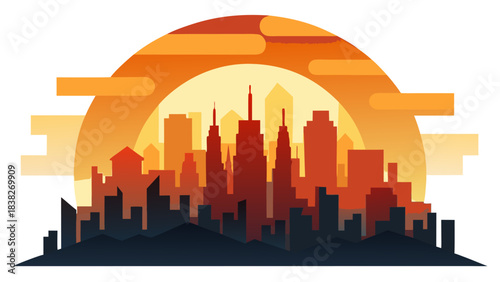 city skyline at sunset, urban landscape with skyscrapers