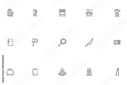 Kitchen tools and appliances line icon set. Vector collection of cooking equipment and household utensils symbols