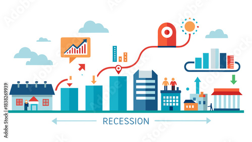 recession concept with cityscape and graphs