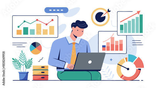 Businessman analyzing data on laptop with graphs and charts around him