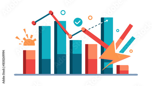 Business graph with downward trend and checkmark