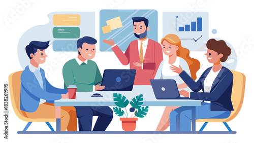 business team meeting with laptops and presentation