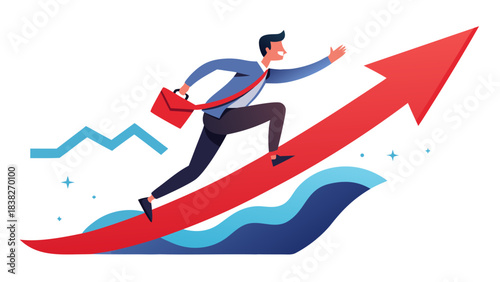 Business professional sprinting up rising red growth arrow with briefcase and success wave motion