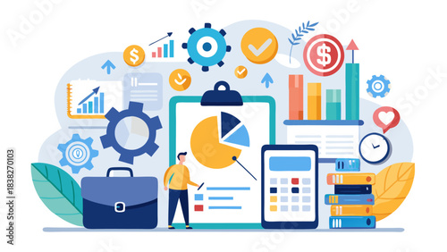 Business professional analyzing financial data on digital tablet with productivity and success icons in modern office