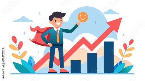 Businessman in superhero cape standing on growing graph with coin