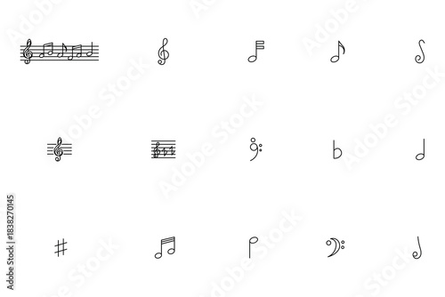 Musical notes and notation symbols line icon set