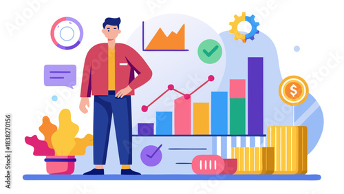 Business professional analyzing financial growth charts and data trends with digital icons in modern office