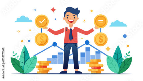 Smiling businessman holding financial growth icons with cityscape and coins in bright flat design illustration