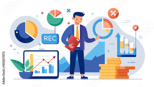 Business professional analyzing financial data and growth charts with digital REC approval concept