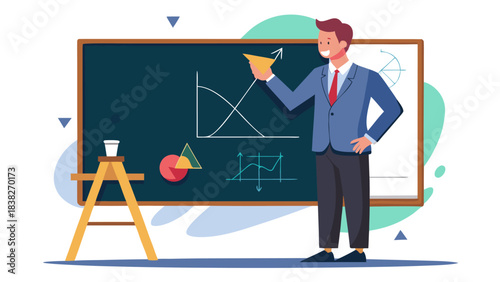 Professional businessman teaching geometry on chalkboard with creative lightbulb idea concept