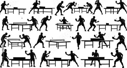 Silhouettes of table tennis players competing at ping pong tables, dynamic match poses illustration collection set for sports design, athletic movement concepts