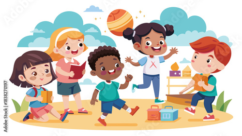 Bilde på lerret Diverse group of happy children playing with colorful beach balls and toys on su