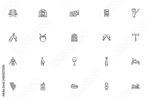 Wine tasting and winery beverage production line icon set