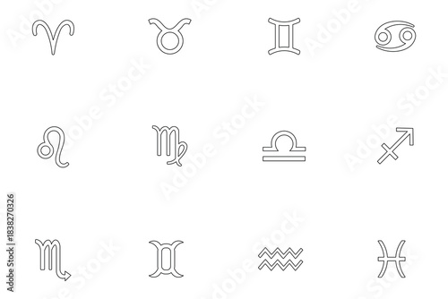 Zodiac horoscope signs and astrology symbols line icon set