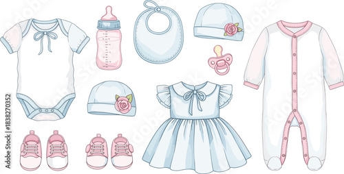 A sweet vector collection of newborn baby girl clothing and accessories, including a romper, dress, bonnet, bib, bottle, pacifier, and soft pink shoes.