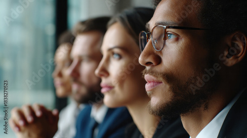 Diverse business team concentrating during corporate meeting, attentively looking at presentation, showing focus and vision