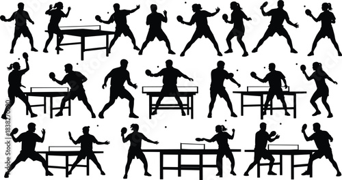 Silhouettes of table tennis players in dynamic action poses, ping pong match illustration collection set for sports design, competitive gameplay concepts
