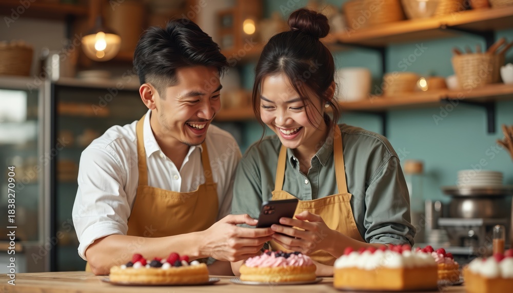 Fototapeta premium Happy Asian couple bakers share laugh looking at smartphone. Man, woman wear aprons by fresh baked cakes in shop. Manage digital orders, social media for small business, enjoying daily work.